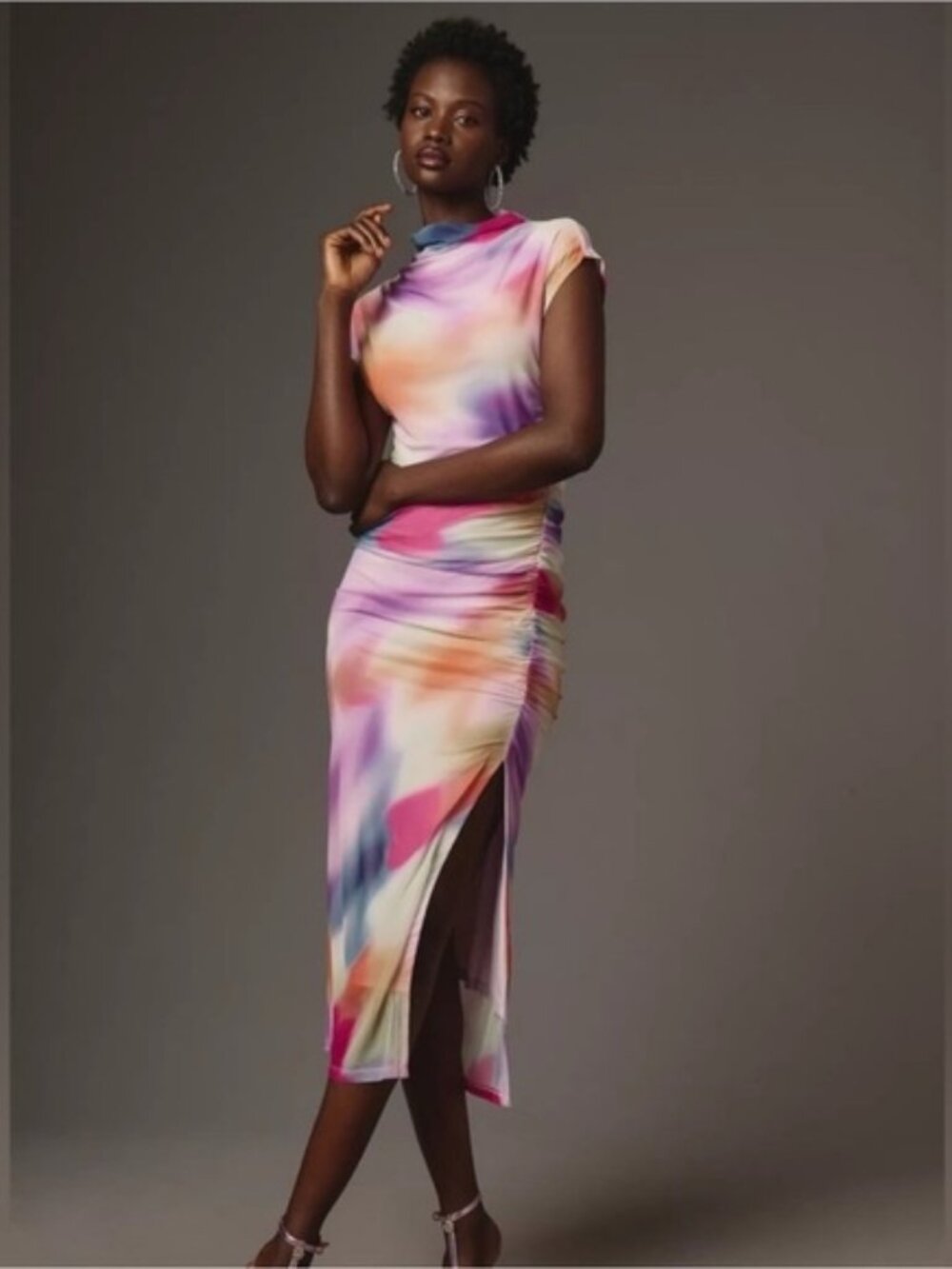 Anthropologie Maya Watercolor Ruched Mesh Midi Dress 2X EIC